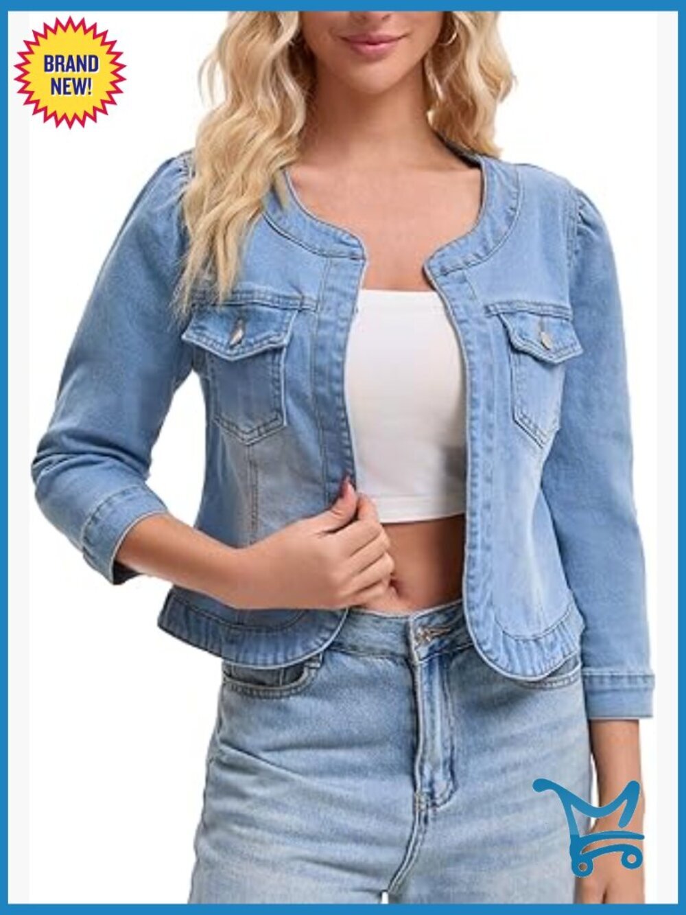 Womens Collarless Denim Jacket 3/4 Sleeve Cardigan Style Jean Jacket
